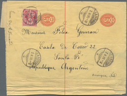Schweiz - Ganzsachen: 1896 Destination ARGENTINIEN: Zwei Zusammenhängende Streifbänder 5 C. Rot Mit - Postwaardestukken