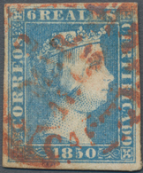 Spanien: 1850, 6r. Blue, Fresh Colour And Full Margins All Around, Oblit. By Red C.d.s. "3 MAR 1805" - Autres & Non Classés