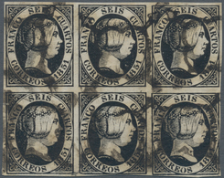 Spanien: 1851, 6cs. Black, Block Of Six, Fresh Colour, Slightly Touched At Lower Right Otherwise Clo - Altri & Non Classificati