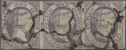Spanien: 1851, 12cs. Lilac, Horizontal Strip Of Three, Deep Colour And Close To Full Margins, Oblit. - Autres & Non Classés