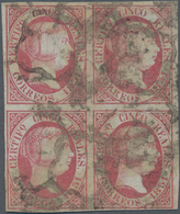 Spanien: 1851, 5r. Rose, Block Of Four, Fresh Colour And Full Margins All Around, Oblit. By Several - Otros & Sin Clasificación