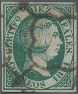 Spanien: 1851, Isabella II With Diadem 10 Reales Green With Black Cancel, Fresh Colour And Wide Marg - Andere & Zonder Classificatie