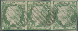 Spanien: 1852, 5r. Pale Green, Horizontal Strip Of Three, Fresh Colour, Slightly Cut Into At Lower R - Other & Unclassified