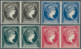 Spanien: 1855 (ca.) 12 Cs. Queen Isabella II., Four ESSAYS In Horizontal Pairs Black, Blue, Dark-gre - Autres & Non Classés