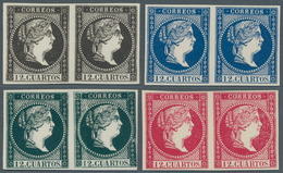 Spanien: 1855 (ca.) 12 Cs. Queen Isabella II., Four ESSAYS In Horizontal Pairs Black, Blue, Dark-gre - Otros & Sin Clasificación