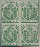 Spanien: 1854, 2cs. Green, Proof Block Of Four On Ungummed Paper With Faint Annulment Marks, Certifi - Sonstige & Ohne Zuordnung