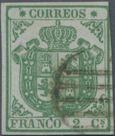 Spanien: 1854, 2cs. Green On Thick Bluish Paper, Fresh Colour, Slightly Cut Into At Upper Right Othe - Altri & Non Classificati