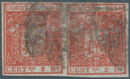 Spanien: 1854, 2 R Vermilion Paper, Vertical Pair With Complete Margins, Scarce ÷ 1854, 2 Reales Ber - Autres & Non Classés