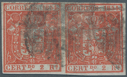 Spanien: 1854, 2 R Vermilion Paper, Vertical Pair With Complete Margins, Scarce ÷ 1854, 2 Reales Ber - Altri & Non Classificati