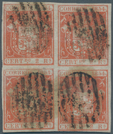 Spanien: 1854, 2 R Vermilion In Block Of Four, Cancelled With Black Grid-postmark, Signed, Attractiv - Autres & Non Classés