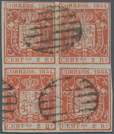 Spanien: 1854, 2 Rs. Red, Block Of Four, Horizontal Fold. Cancelled With Grid-postmark. ÷ 1854, 6 Cu - Autres & Non Classés