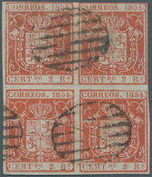 Spanien: 1854, 2 Rs. Red, Block Of Four, Horizontal Fold. Cancelled With Grid-postmark. ÷ 1854, 6 Cu - Sonstige & Ohne Zuordnung