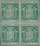 Spanien: 1854, 5r. Green, Proof Block Of Four On Ungummed Paper With Faint Annulment Marks, Signed R - Autres & Non Classés