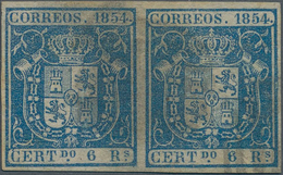 Spanien: 1854, 2r. Blue, Horizontal Pair, Fresh Colour And Full Margins, Used (smudgy Postmark). Edi - Autres & Non Classés