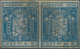 Spanien: 1854, 2r. Blue, Horizontal Pair, Fresh Colour And Full Margins, Used (smudgy Postmark). Edi - Sonstige & Ohne Zuordnung