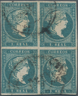 Spanien: 1856, 1r. Greenish Blue, Used Block Of Four, Deep Colour And Close To Full Margins. Edifil - Autres & Non Classés