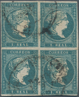 Spanien: 1856, 1r. Greenish Blue, Used Block Of Four, Deep Colour And Close To Full Margins. Edifil - Otros & Sin Clasificación