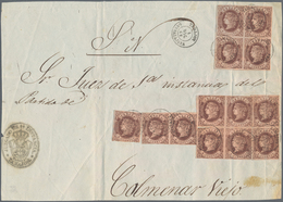 Spanien: 1862 4 Cuartos Chestnut, Thirteen Stamps (= 52 Cuartos) On A Front Of A Judicial Pledge Of - Autres & Non Classés