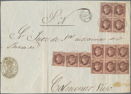 Spanien: 1862 4 Cuartos Chestnut, Thirteen Stamps (= 52 Cuartos) On A Front Of A Judicial Pledge Of - Sonstige & Ohne Zuordnung