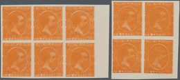 Spanien: 1889, King Alonso XIII. As Child 75c. Orange DOUBLE PRINT In Imperforate Blocks Of Four And - Sonstige & Ohne Zuordnung