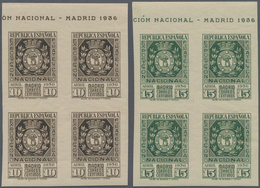 Spanien: 1936, National Stamp Exhibition Madrid Two Imperforate Stamps (Coat Of Arms) In Blocks Of F - Andere & Zonder Classificatie