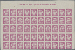 Spanien: 1938, Numeral Definitive 25c. Lilac On Grey Paper IMPERFORATE Half Sheet (50 Stamps) From U - Andere & Zonder Classificatie