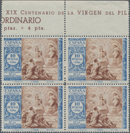 Spanien: 1940, Virgen De Pilar, 10pts.+4pts. Blue/brown, Top Marginal Block Of Four (vertically Slig - Other & Unclassified