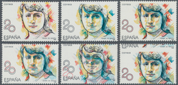 Spanien: 1988, Prominent Woman 20pta. ‚Maria De Maeztu‘ Five Stamps With ERRORS Incl. One With BLUE - Other & Unclassified
