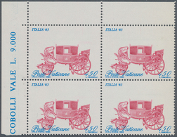 Vatikan: 1985, 450 L Cobalt/purple In Block Of Four, Left Corner Edge, Carriage Strongly Shifted Dow - Sonstige & Ohne Zuordnung
