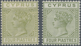 Zypern: 1882/1892, Two Mint Singles Of 4pi. Olive-green, Wmk Crown CA, The First Showing Die I, Mint - Autres & Non Classés