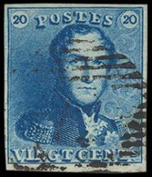 BELGIUM. Yv2º. 20c Starry Blue, Very Good Margins, Appear Border Of Sheet At Bottom, Nicely Cancelled. VF. - Autres & Non Classés