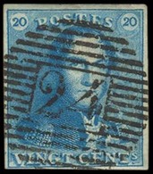 BELGIUM. Yv2º. 20c Light Deep Blue, Very Good Large Margins All Around, 24 Grill. Excellent Stamp. VF-XF. - Otros & Sin Clasificación