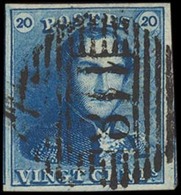 BELGIUM. Yv2a. 20c Dark Blue, Huge Margins, With Border Of Two Other Stamps At Both Sides, Grill 118. Exceptional Item.  - Sonstige & Ohne Zuordnung