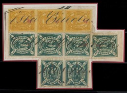 BOLIVIA. Yv 5 (x3), 2 (x6)º 5c Green, 1st Re-engraving + 50c Yellow Strip Of Three, Pen Fiscal Cancel On Piece. VF. Ex-P - Bolivië
