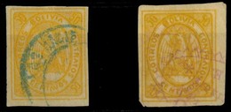 BOLIVIA. Yv 5º (x2). 50c Yellow With Blue (Customs) And Red (Notarial) Cancels. Ex Patiño. - Bolivia