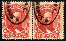 BRAZIL. 1866. 10r Vermilion, A Fine Used Pair With Two Large Part Strikes Of The Scarce Oval 'A.DO.V.QUEMADOS' Handstamp - Other & Unclassified