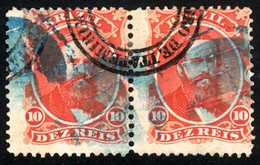 BRAZIL. 1866. 10r Vermilion, A Good Used Pair Cancelled By Blue Cork Cancels And By Large Part Circular 'CACHOEIRO DE IT - Other & Unclassified