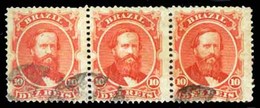 BRAZIL. 1866. 10r Vermilion, A Fine Used Strip Of Three Cancelled In Black. Scott 53. - Other & Unclassified