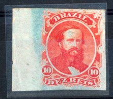 BRAZIL. 1866. 10r Vermilion, An IMPERFORATE Marginal Example From The Left Of Sheet, On BLUED PAPER. A Very Rare Stamp W - Other & Unclassified