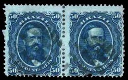 BRAZIL. 1866-68. 50r Blue On Blued Paper, A Very Fine Used Pair. Scarce And Difficult To Find In A Multiple. Scott 56a.  - Other & Unclassified
