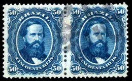 BRAZIL. 1866. 50r Blue, A Fine Lightly Used Pair Cancelled In Black Printed On Thick Paper With Printer's Grip Marking O - Other & Unclassified