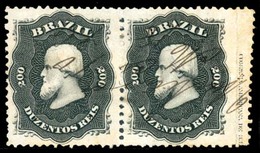 BRAZIL. 1866. 200r Black Pair From Right Hand Side Of Sheet With Printer's Imprint Cancelled By Manuscript 'ITABIRA-10 M - Sonstige & Ohne Zuordnung