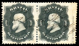 BRAZIL. 1866. 200r Black Pair From Right Hand Side Of Sheet With Printer's Imprint Cancelled By Manuscript 'ITABIRA-10 M - Andere & Zonder Classificatie