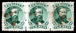 BRAZIL. 1866. 100r Green. Strip Of Three Showing Two Types: Left And Right Stamps Are Type I, Central Stamp Type IA. Fin - Sonstige & Ohne Zuordnung