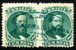 BRAZIL. 1866. 100r Green, A Good Used Pair Showing Left Stamp Type II And Right Stamp Type I, Neatly Cancelled By Comple - Other & Unclassified