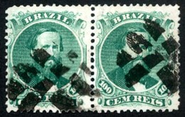 BRAZIL. 1866. 100r Green, 3rd Die, Type IV, On Blued Paper, A Fine Used Pair, The LARGEST KNOWN MULTIPLE, Cancelled By A - Other & Unclassified