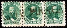 BRAZIL. 1866. 100r Green, Die II, A Very Fine Used Strip Of Three Cancelled By Complete Strike Of Straight Line 'PIRACAT - Other & Unclassified