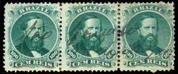 BRAZIL. 1866. 100r Green, 3rd Die, Type IV, A Very Fine Used Strip Of Three Cancelled In Manuscript In Violet Ink With ' - Other & Unclassified