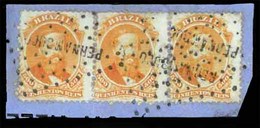 BRAZIL. 1866. 500r Orange, Small Piece Bearing A Strip Of Three Cancelled By PERNAMBUCO Dotted Lozenge Handstamps In Bla - Sonstige & Ohne Zuordnung