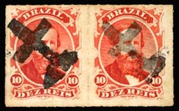 BRAZIL. 1876. 10r Vermilion, A Fine Used Pair Cancelled In Black By Unframed 'Cross' Handstamps In Black, Ayres #0706. S - Other & Unclassified